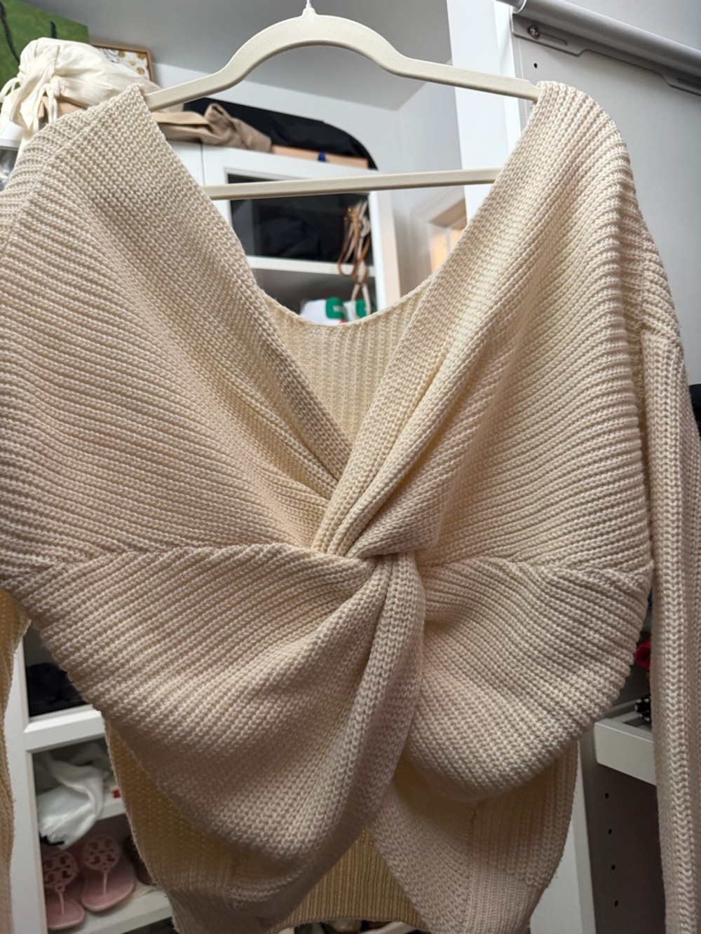 Cream Twist-Front Knit Sweater - Women